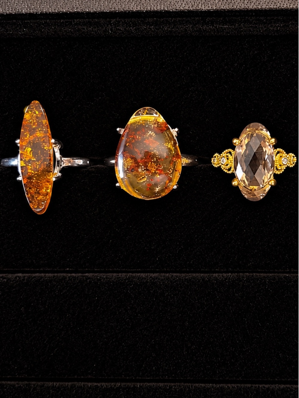 PICK 1 • Flower Amber Agate & Smoky Quartz Rings • NWT